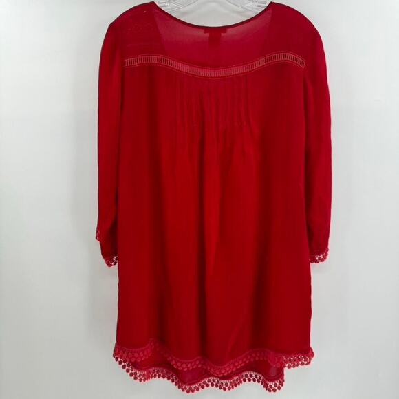 Sundance Tunic Top Sz M Red Embroidered Semi Sheer Boho 3/4 Sleeves - Picture 2 of 5